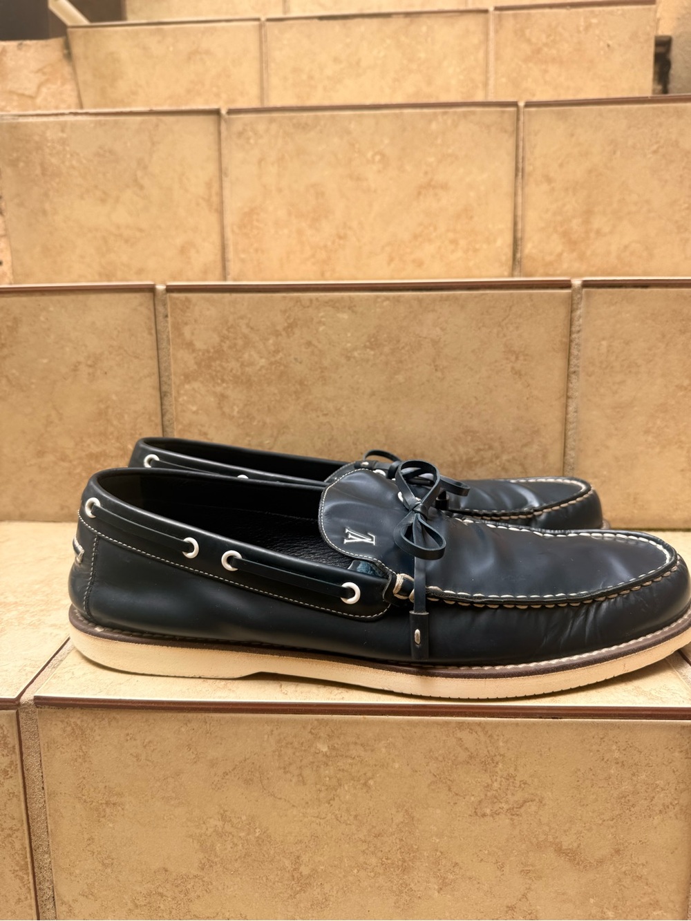 Louis Vuitton Men's Navy Blue Leather Moccasin Loafers with LV Hardware - Picture 4 of 10